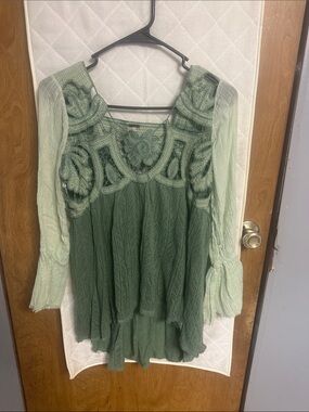 Free People Two-Tone Green Lace & Knit Tunic